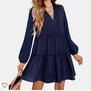 FANCYINN, BOHO, CASUAL, NAVY BLUE, LONG SLEEVE, TIERED DRESS. SIZE M